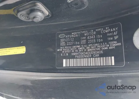 2013 Hyundai Genesis 2.0T Premium from USA, damaged, VIN KMHHT6KD4DU090406